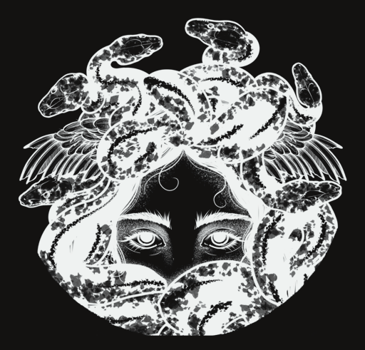 logo du salon Les Gorgones qui représente une tête de femme avec des serpents pour cheveux et des ailes au milieu. Le dessin est blanc sur fond noir.